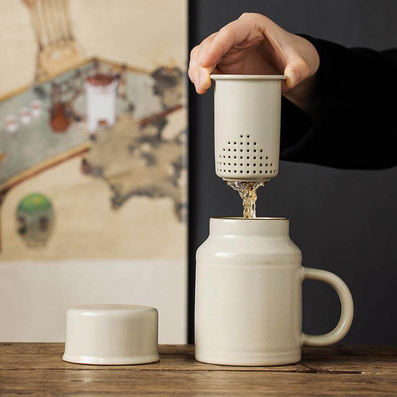 汝窑陶瓷小暖壶马克杯带盖茶水分离泡茶杯办公室定制一人饮水杯子