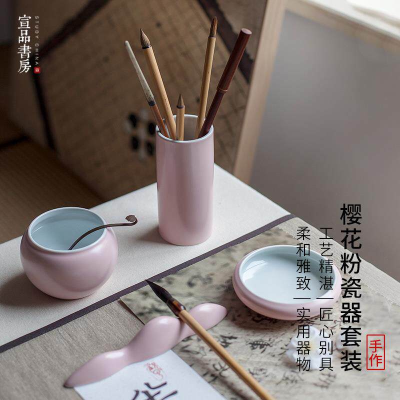 宣品书房陶瓷笔筒景德镇青花办公创意可爱少女多功能收纳盒+复古