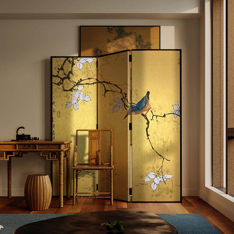 东方美学新古典屏风折叠移动客厅玄关入户茶室卧室床头折屏云雀画