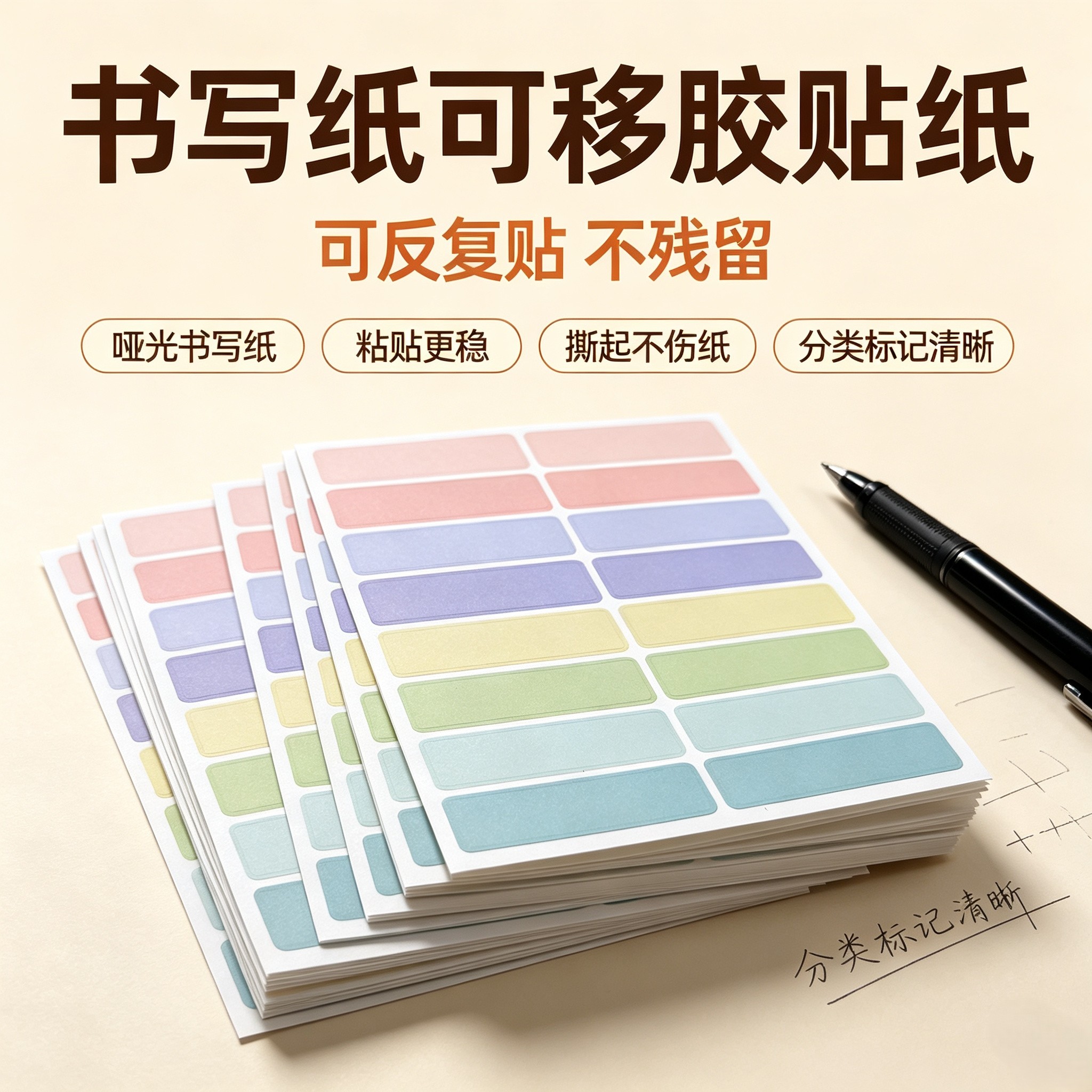 彩色不干胶贴纸可反复贴不残留分类标记贴手写姓名贴便携标签