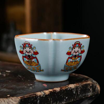 财神杯四方杯聚财八角开口杯汝窑主人杯个人来财杯子品茗杯陶瓷