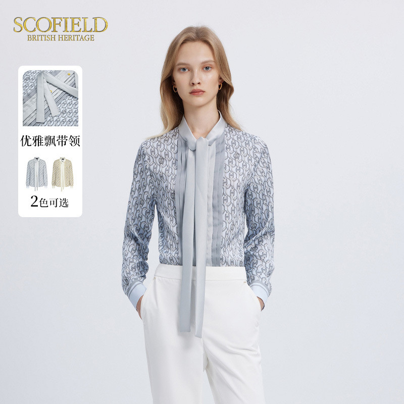 【scofield奥莱】女蝴蝶结飘带领压褶雪纺衫锁链logo印花衬衫秋季