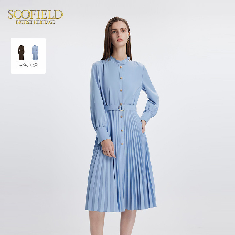 【scofield奥莱】女装新狩猎装长袖半高领A字喇叭休闲连衣裙秋季