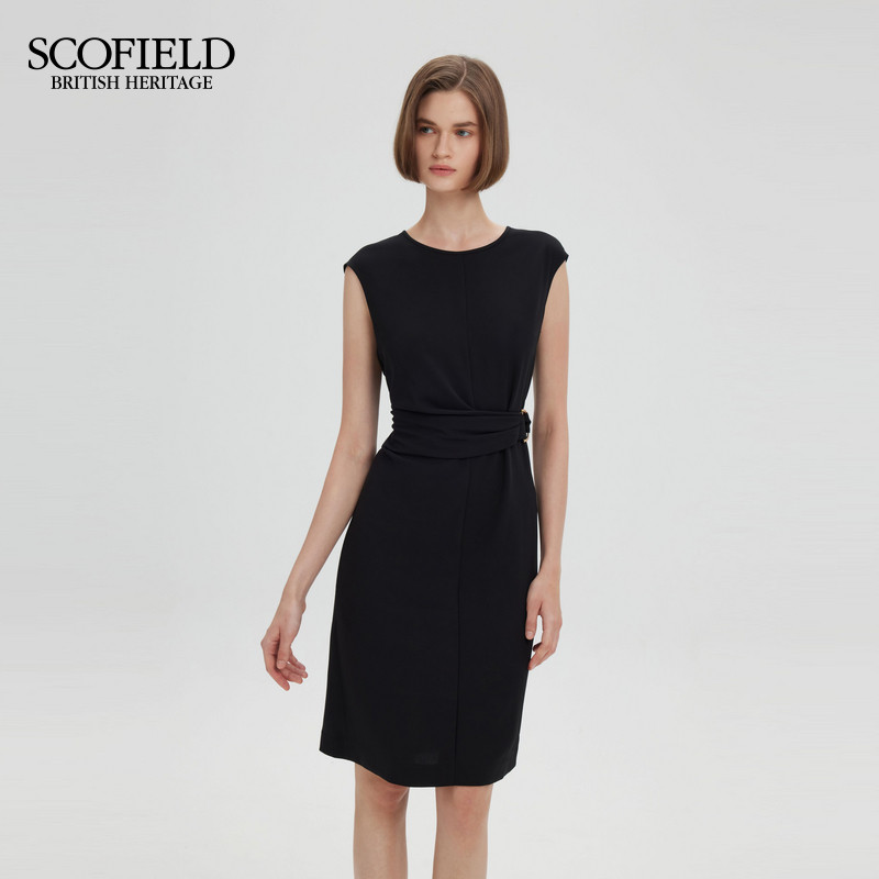 【scofield奥莱】女装简约法式收腰连衣裙无袖褶皱中长裙早秋图片