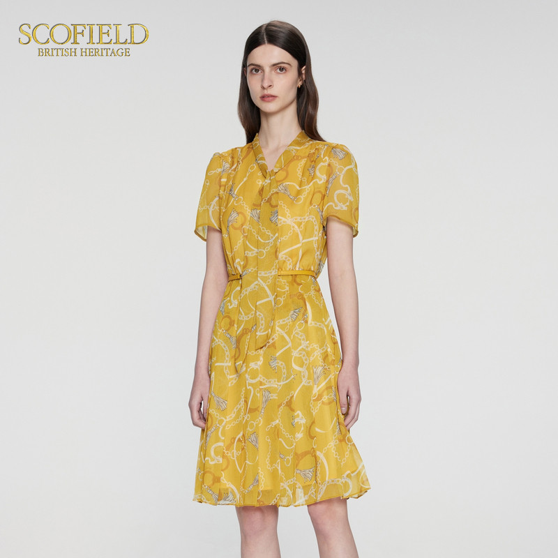【scofield奥莱】女装飘带领收腰雪纺裙多巴胺短袖连衣裙夏季裙子