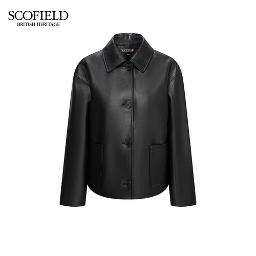 【scofield奥莱】女装酷飒翻领皮夹克宽松字母纽扣宽松短款外套