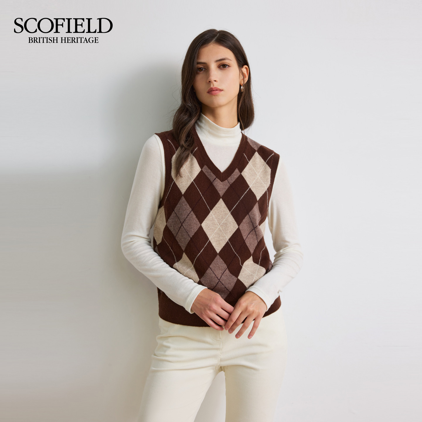 【scofield奥莱】女装复古文艺V领无袖学院风含羊毛菱格纹马甲