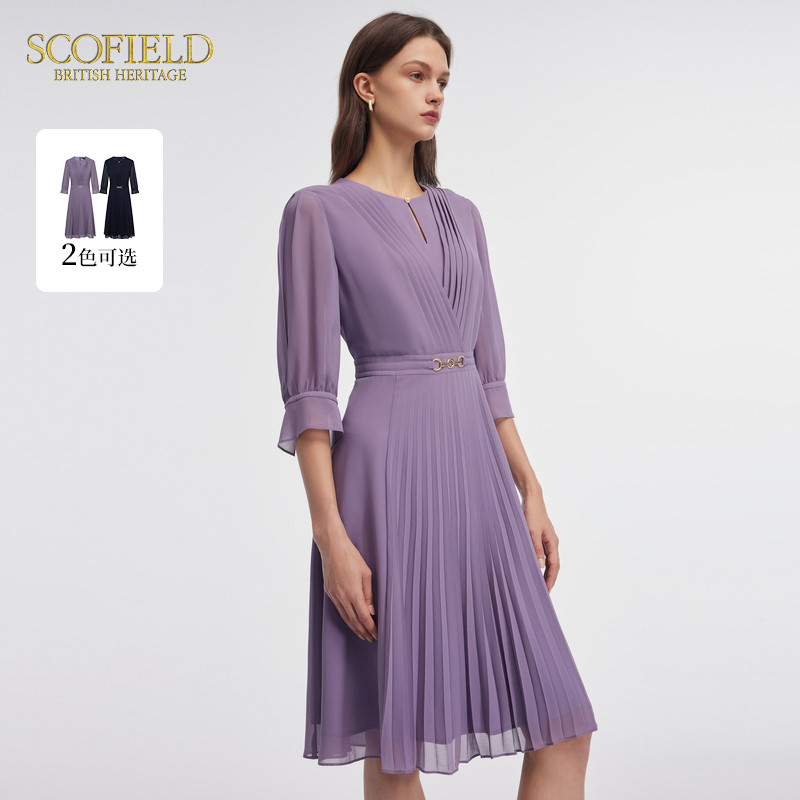 【scofield奥莱】女装知性圆领收腰连衣裙A字职场进阶雪纺裙夏季