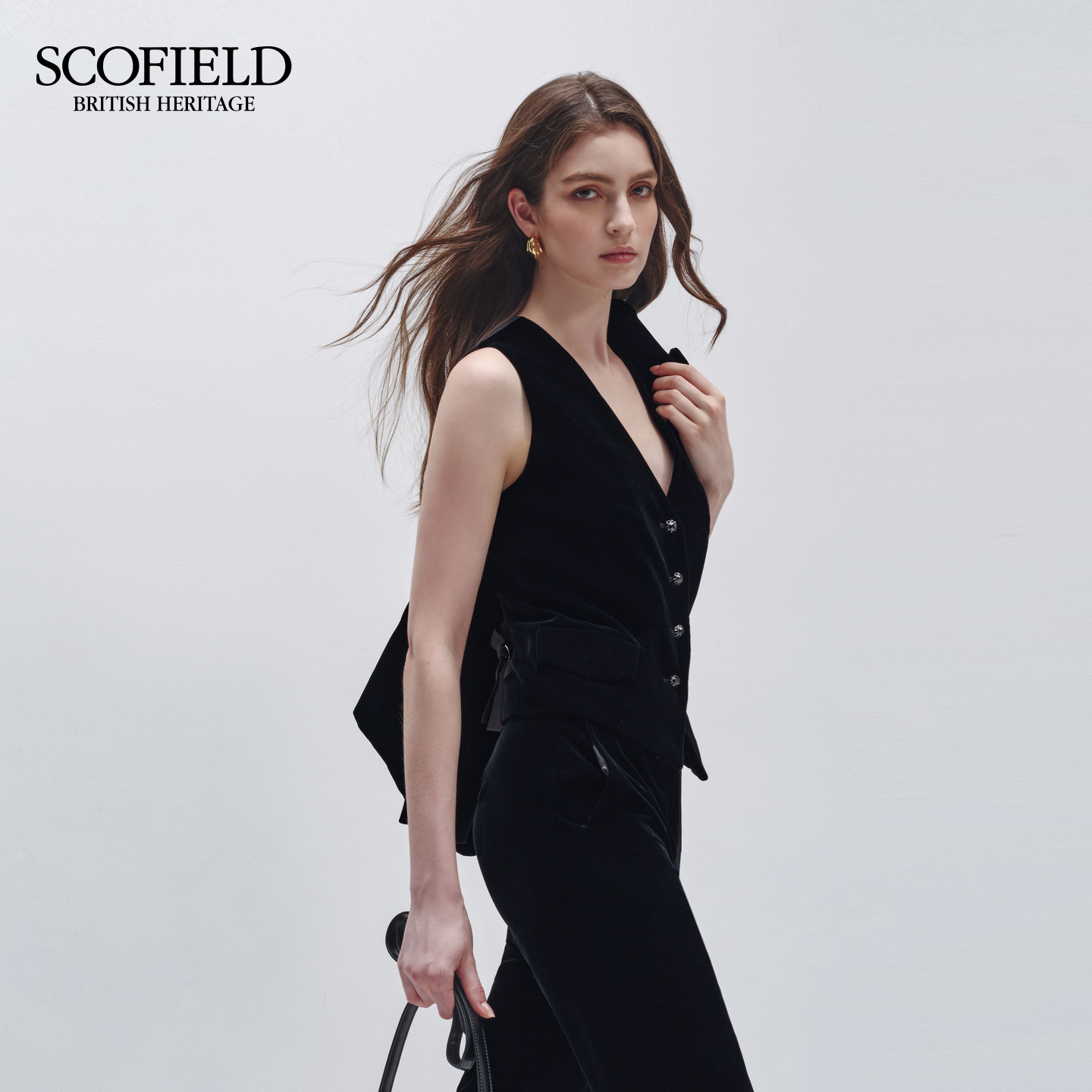 【scofield奥莱】女装静奢纯色老钱风V领丝绒马甲通勤无袖上衣