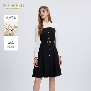 【scofield奥莱】女装白色雪纺衫撞色拼接连衣裙收腰长袖裙子秋季