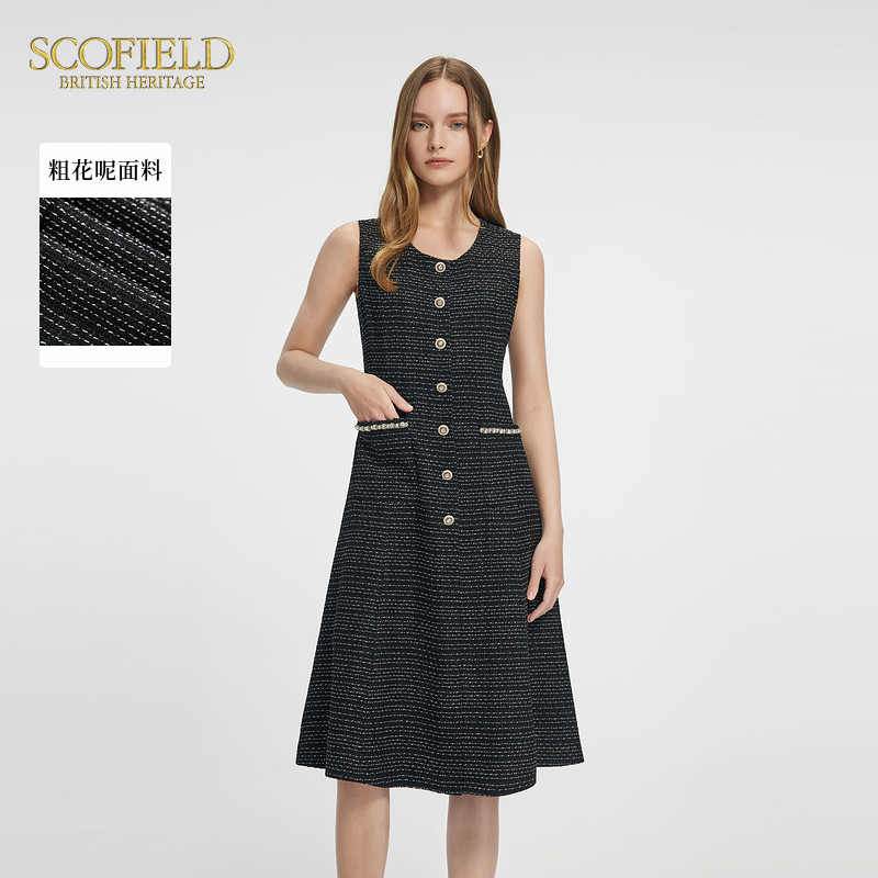 【scofield奥莱】通勤粗花呢小香风无袖连衣裙收腰A摆裙子夏季图片