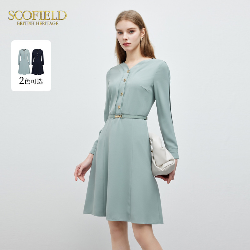 【scofield奥莱】女装简约喇叭长袖连衣裙优雅气质薄荷绿长裙春季