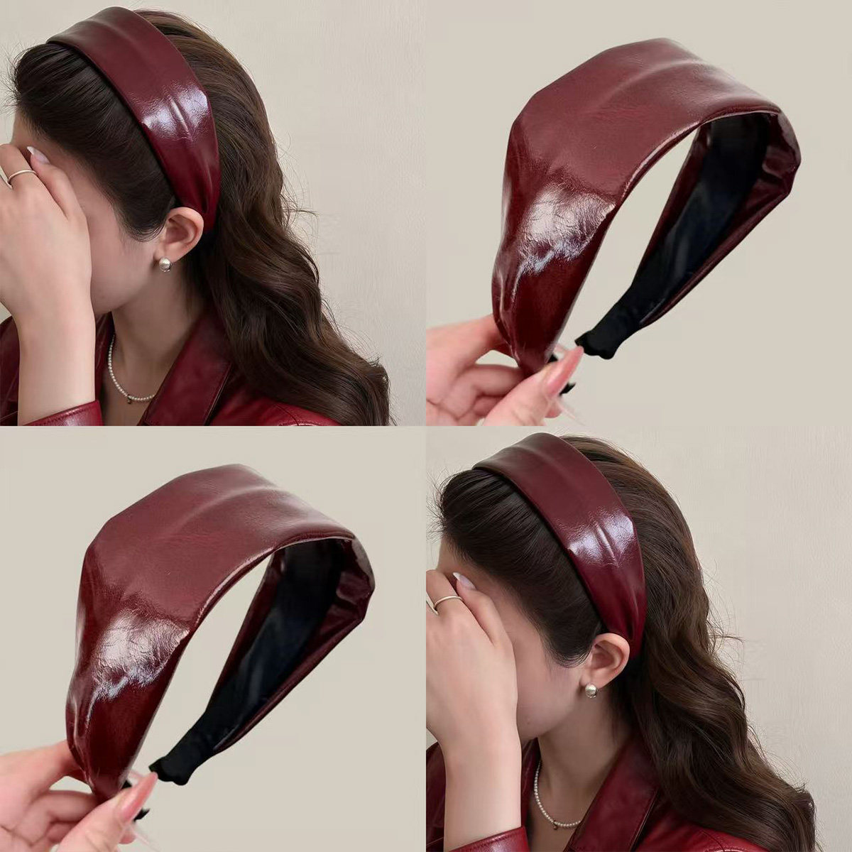 红色皮质宽边发箍女高颅顶秋冬