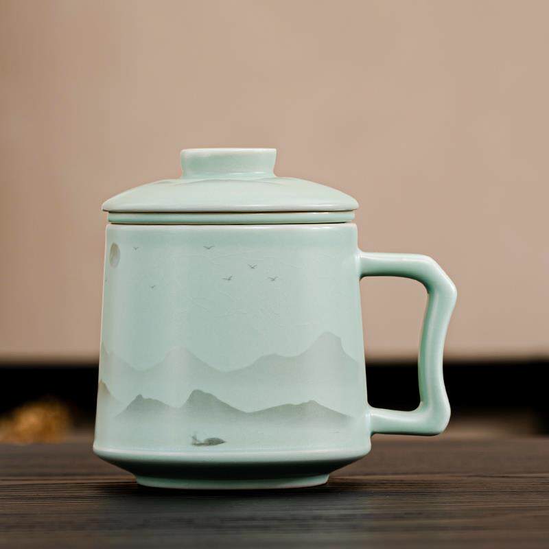 匠仙远山汝窑茶杯开片陶瓷水杯茶水分离泡茶杯办公杯杯子定制logo