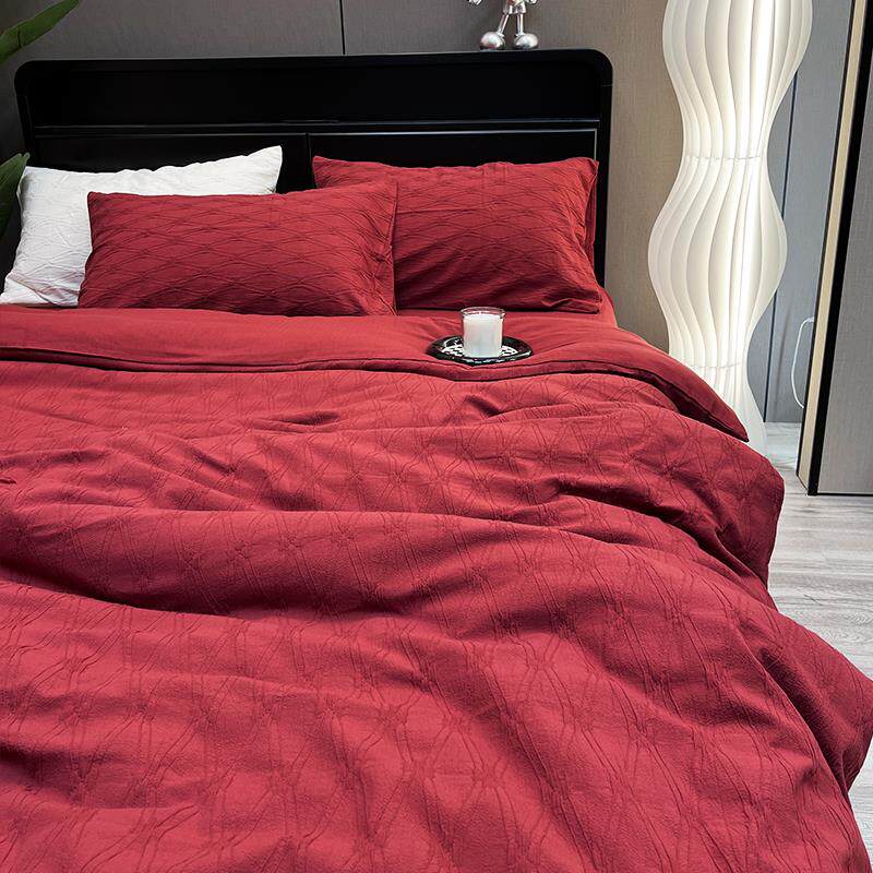 复古红色全棉提花四件套简约纯棉高级感被套床单床笠床品婚庆轻奢