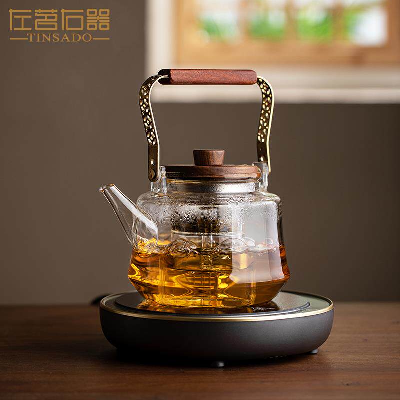 左茗右器玻璃蒸煮茶壶耐高温提梁壶日式家用蒸煮壶电陶炉烧水煮茶