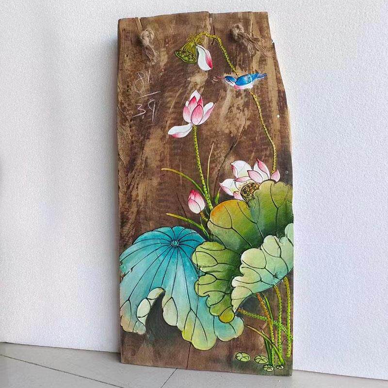 中式复古手绘木板画卧室客厅风化木装饰挂画荷花室内户外牌匾定制
