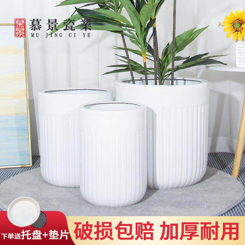 欧式简约陶瓷大花盆奶油风客厅高档落地大口径发财树龙血树发财树