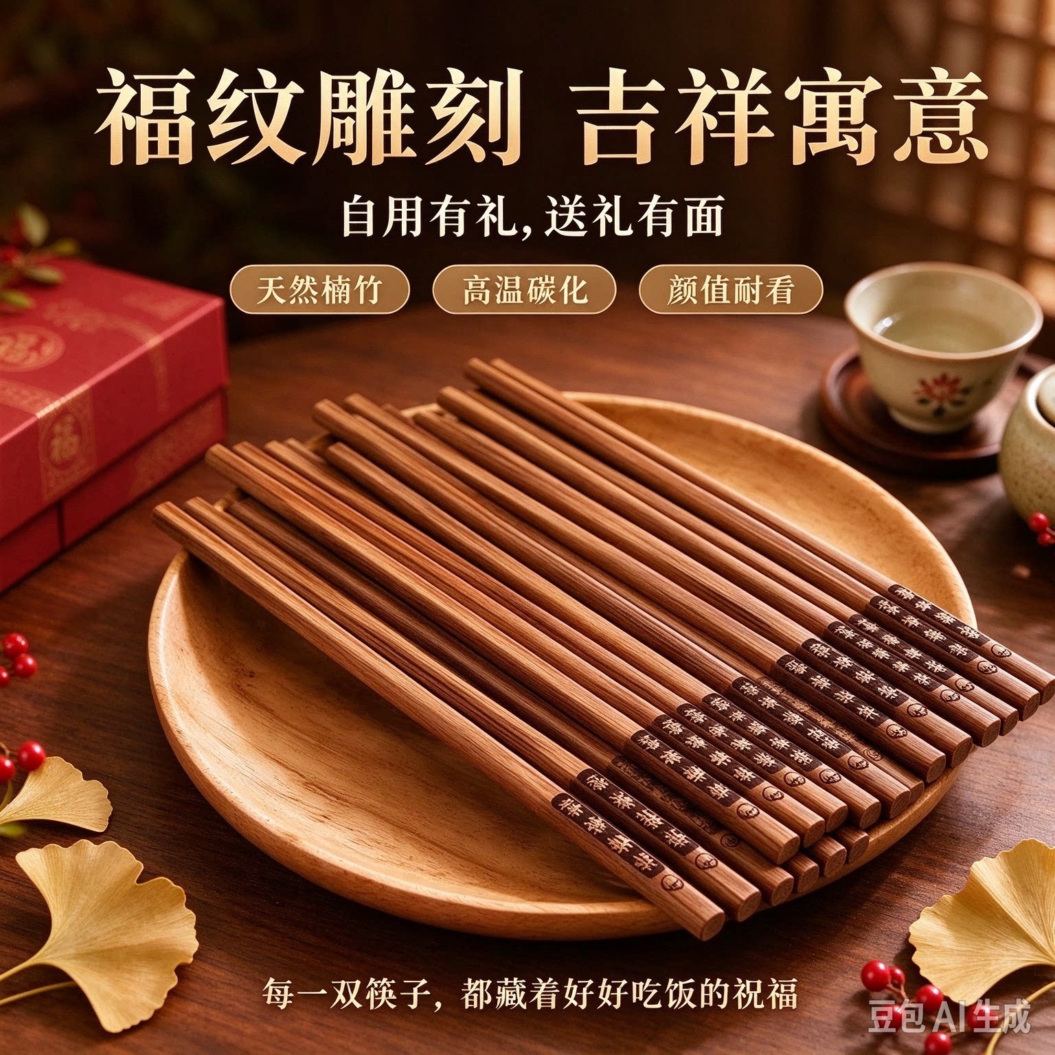 【天然楠竹筷】深度高温碳化高档雕刻筷子家用防霉无漆无蜡家庭HQ