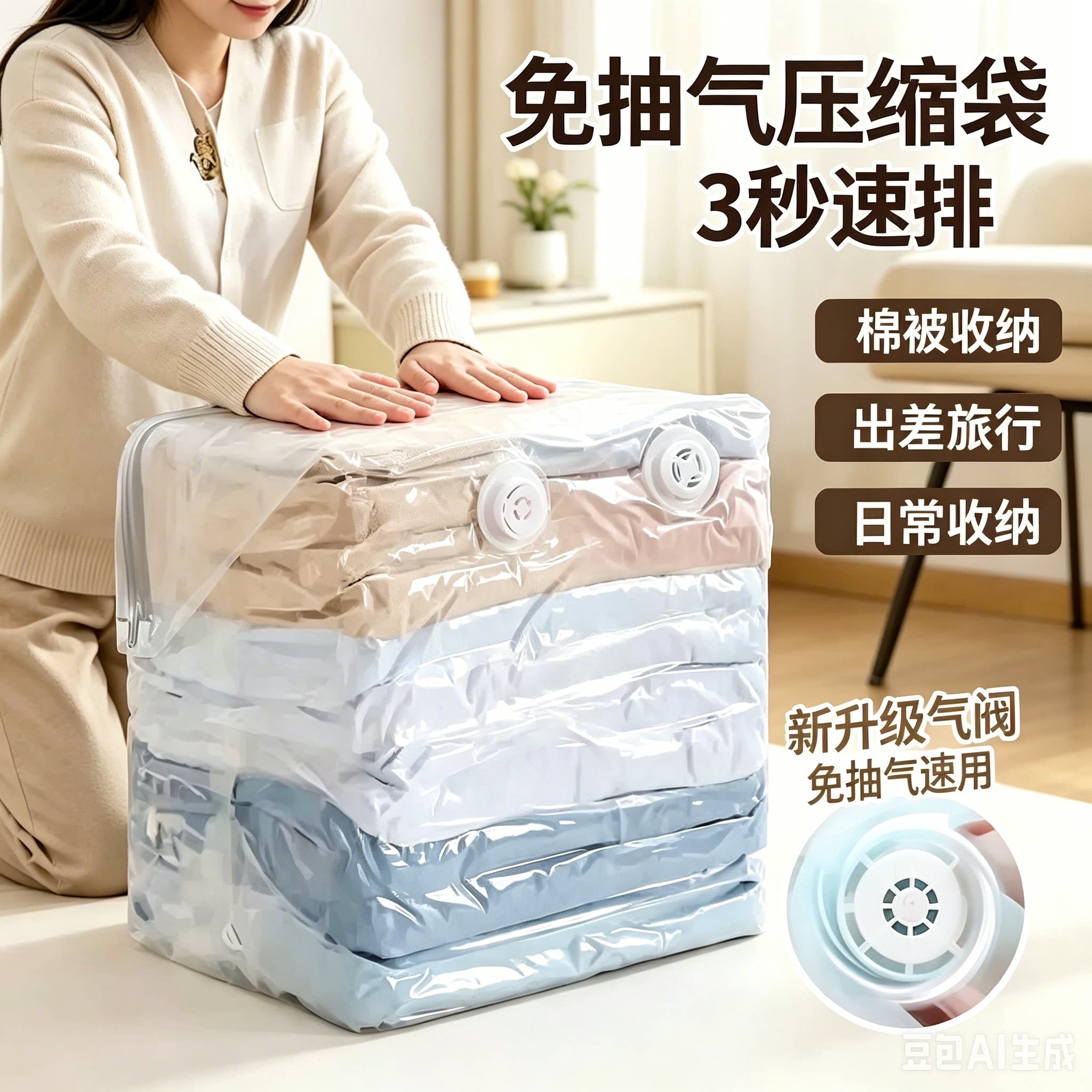 【拍1发8】免抽气立体收纳压缩袋抽压两用透明加厚棉被袋JT三