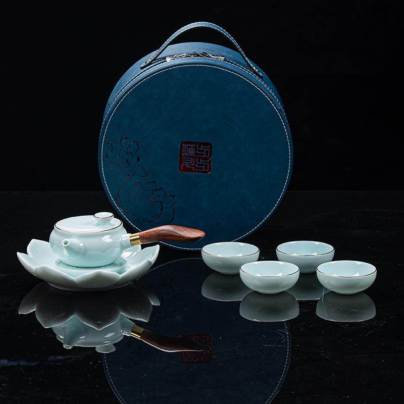 陶瓷旅行茶具高档户外轻奢一壶4杯羊脂玉套装侧把茶壶茶杯带壶承
