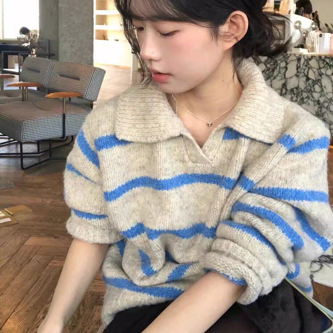 美式蓝色条纹翻领毛衣女秋冬季加厚软糯高级感慵懒风套头针织上衣
