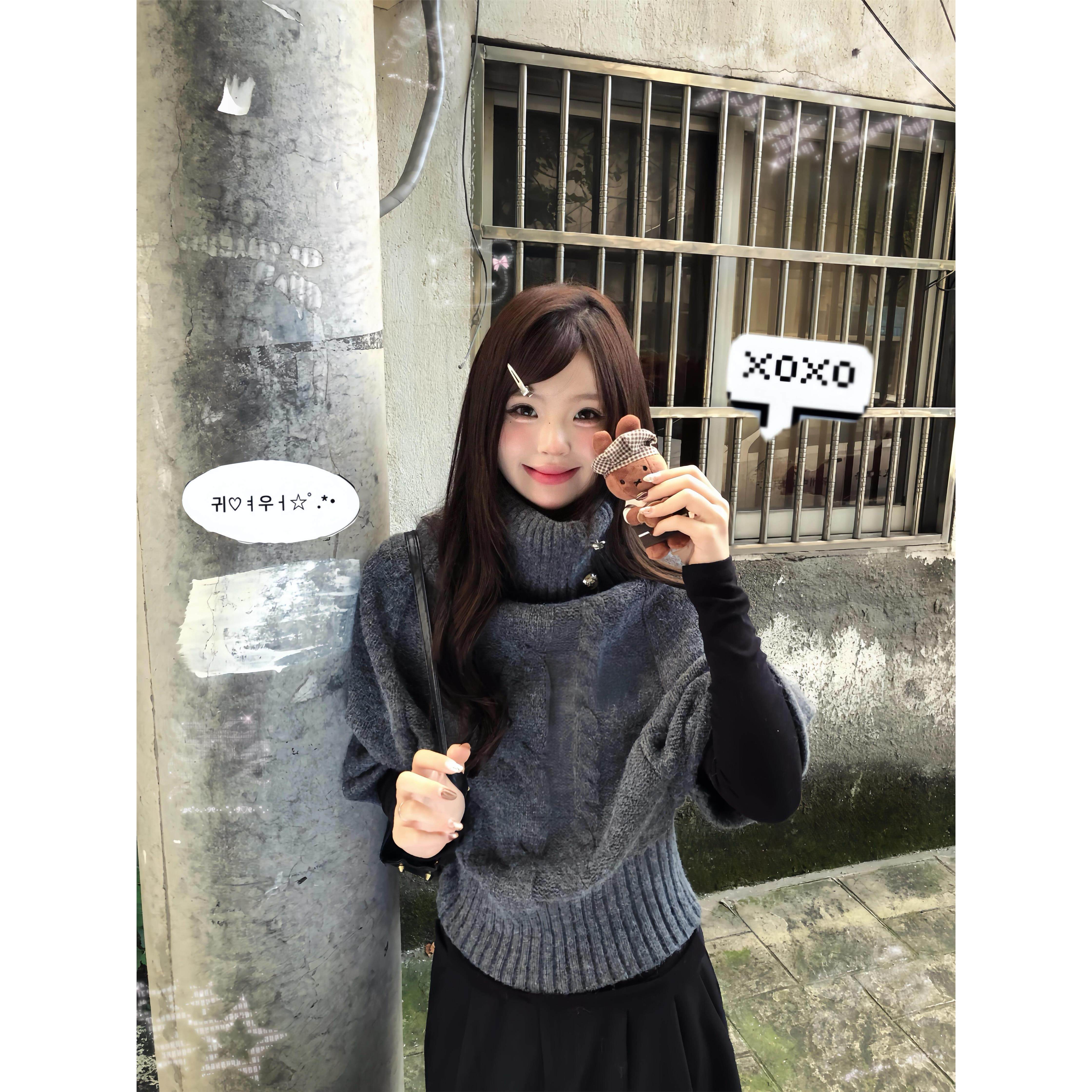 灰色麻花高领毛衣女秋冬蝙蝠袖短款韩系慵懒风高级感针织内搭上衣