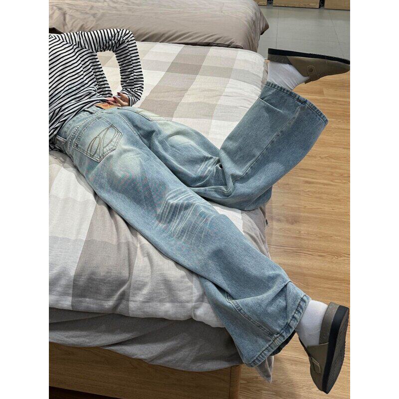 美式复古阔腿弯刀牛仔裤
