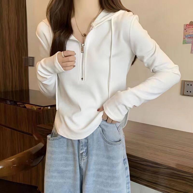 2026新款连帽卫衣女长袖t恤打底小衫内搭短款上衣女修身高腰上衣