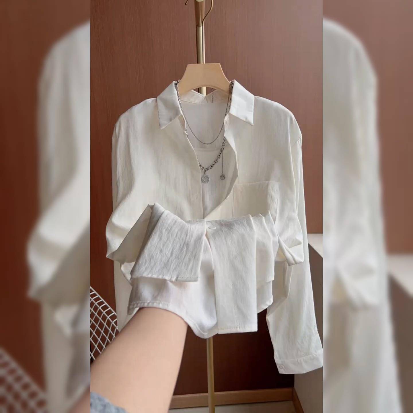 简减约时尚翻杏色歪260728衬衫女龄早秋新款小个领子洋气宽松显瘦