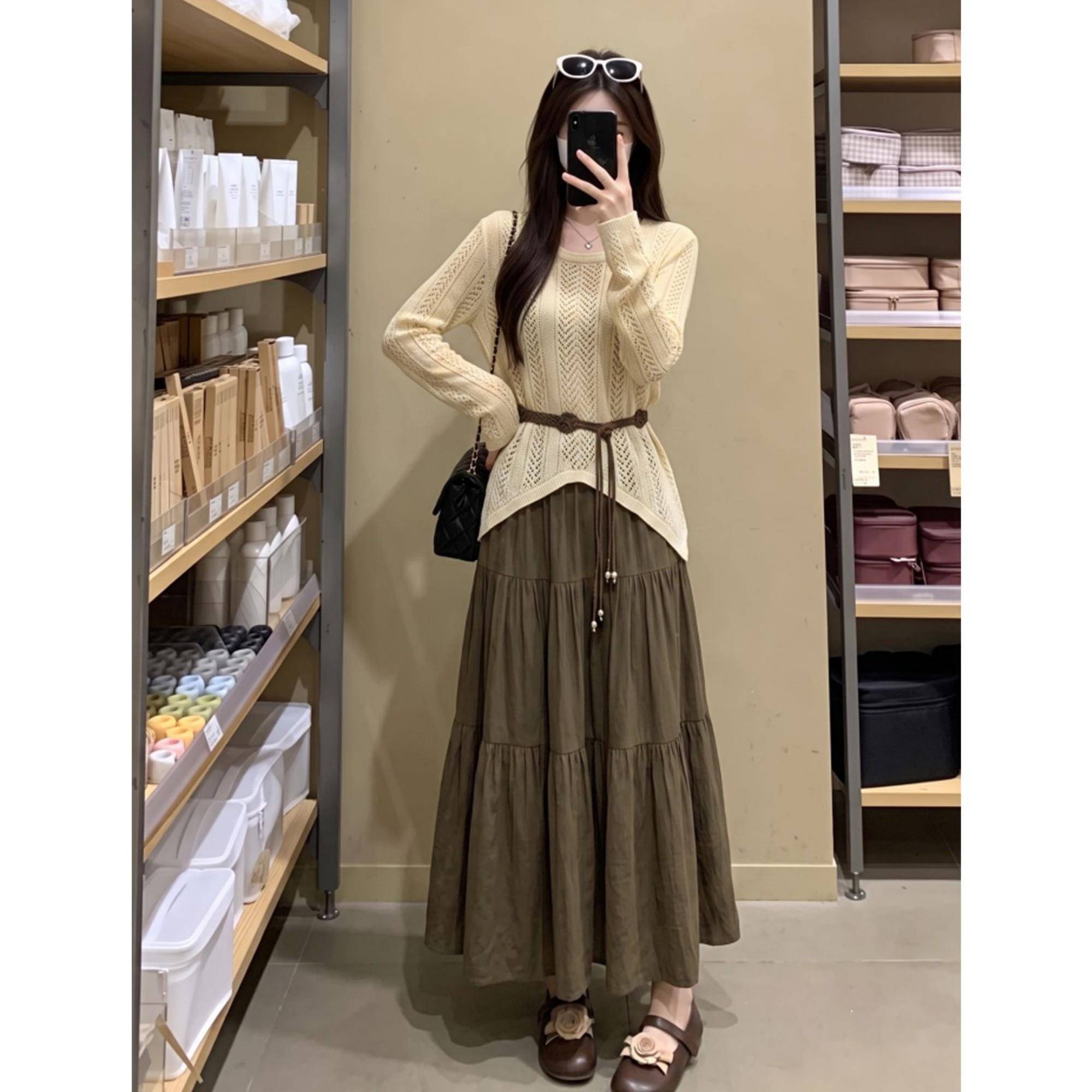 收系带针织衫半身长两件套女2腰026早秋大码胖mXHS显瘦法式m套裙