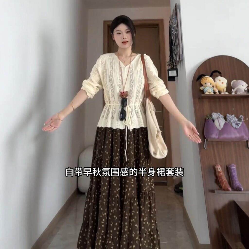 大码胖JJMm织m式温柔风镂空针衫女新上衣碎花半身法裙高级流行款