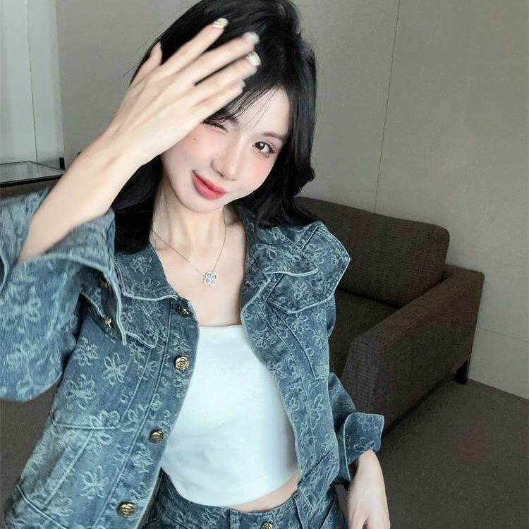 港风短款提花外牛仔套两件套装女秋高身腰包臀半裙外搭OXD长早袖