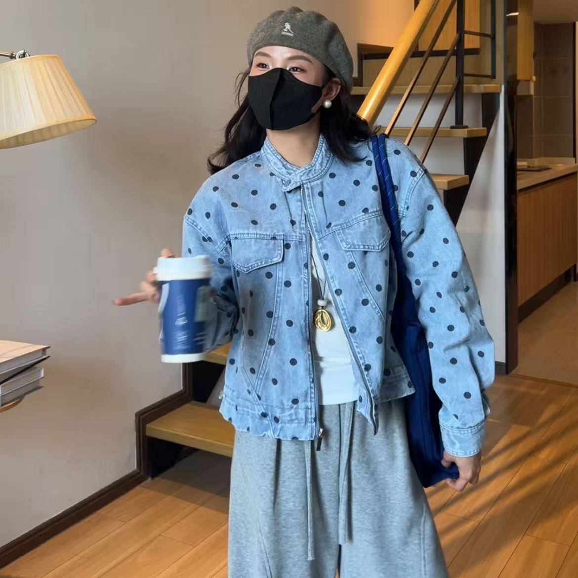 定制衣牛长50CM仔波点套GVI女早秋新款宽松外百搭短款外套
