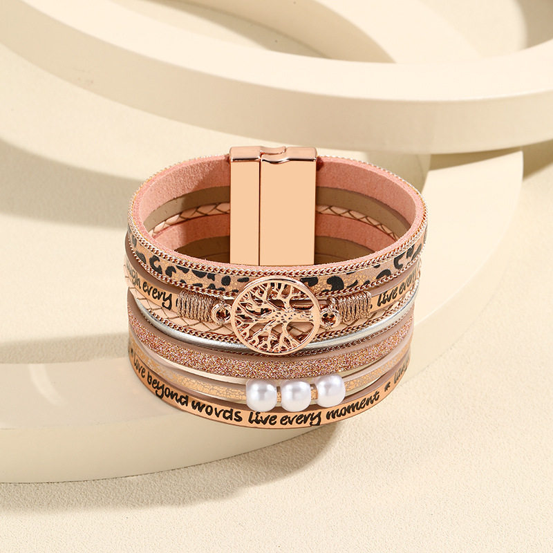 亚马逊波西米亚皮革手镯多层复古生命树珍珠手工编织磁扣手链饰品