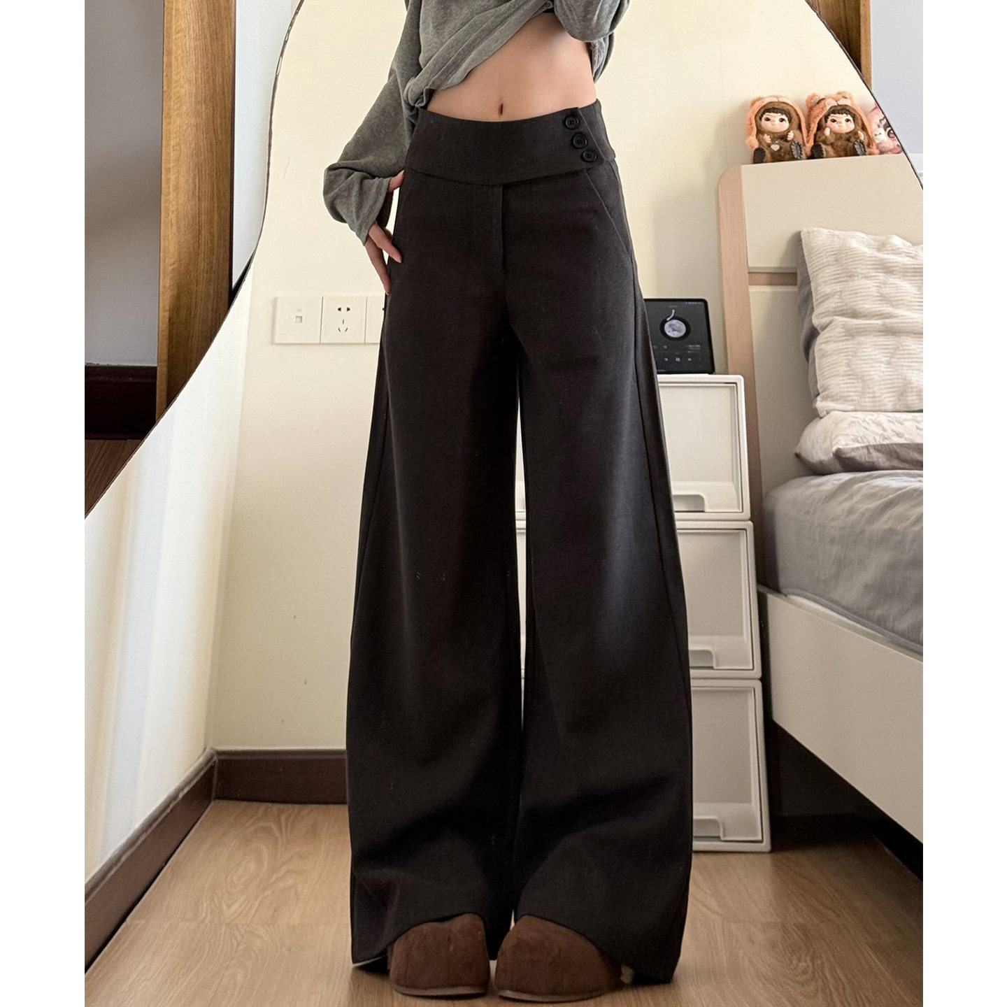 深灰色低腰毛呢西装裤女秋冬季直