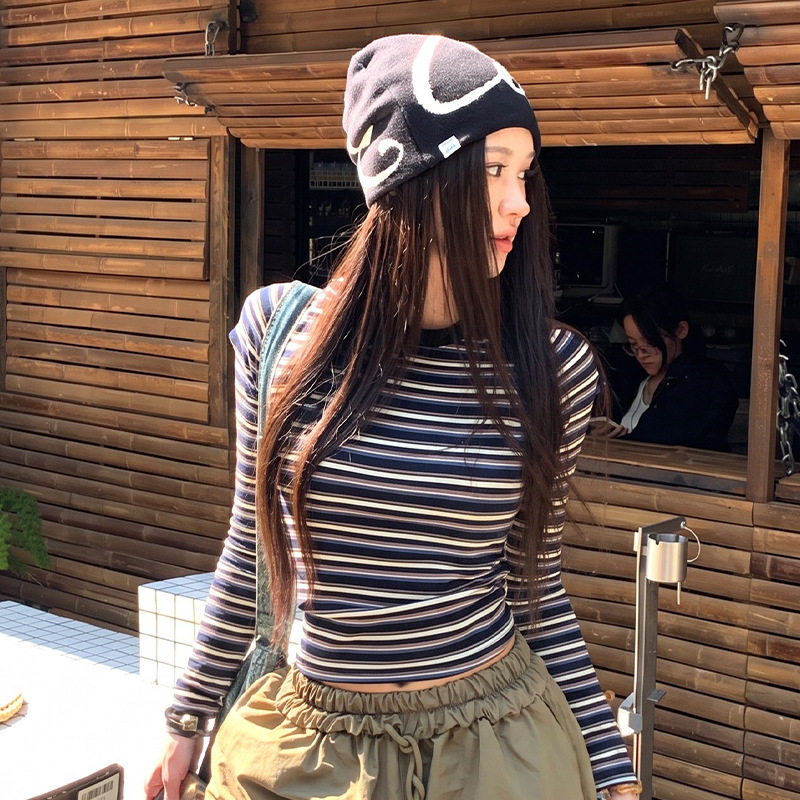 圆领撞色条纹春秋冬款长袖T恤女2