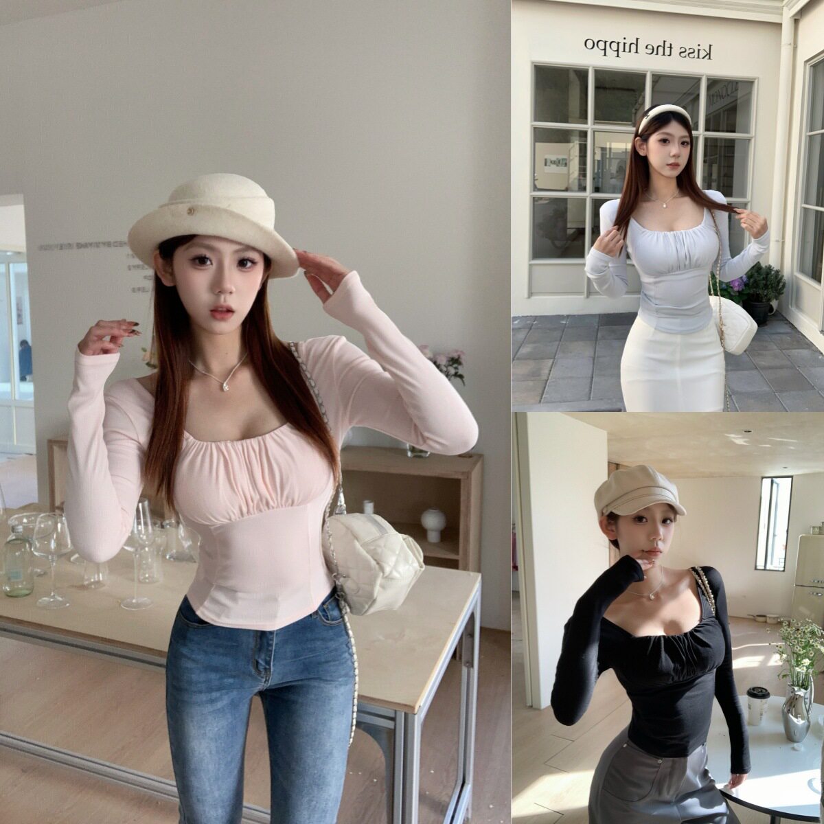 超好看方领打底衫女内搭早春季性