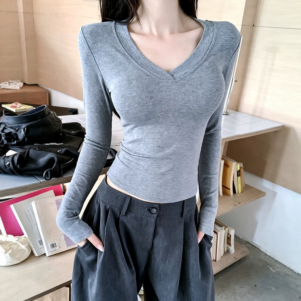 纯色V领正肩长袖t恤女夏季2026新