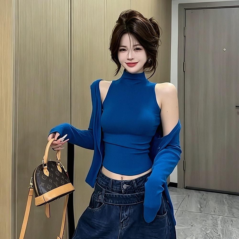 韩系辣妹半高领无袖t恤女长袖开