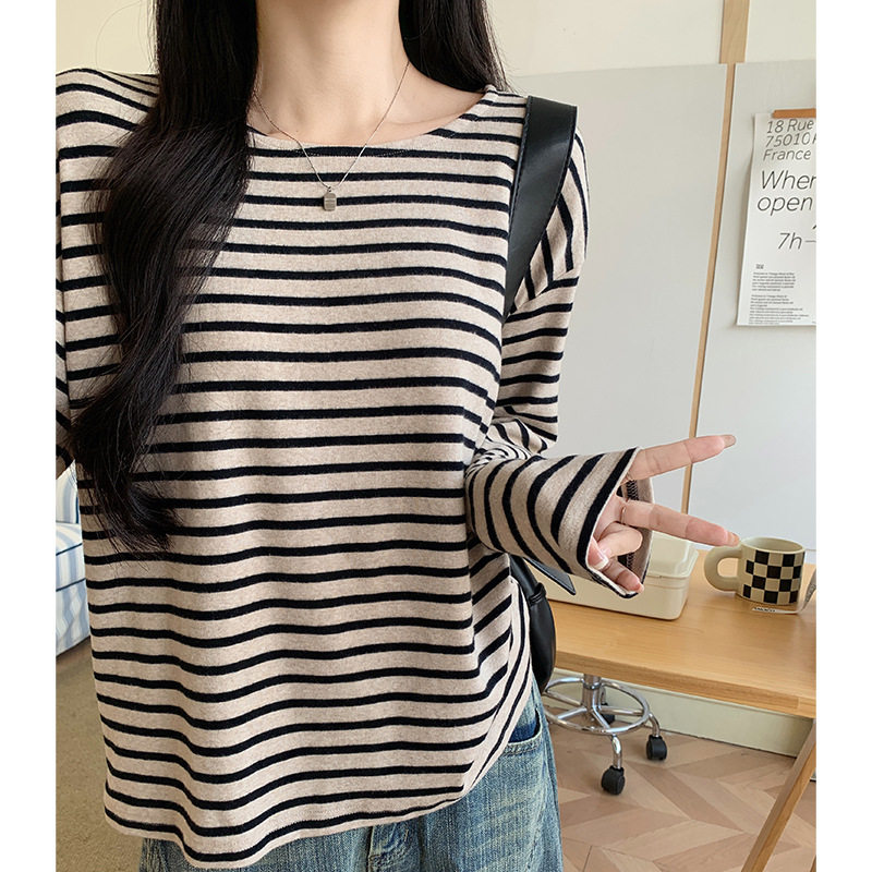 K2371慵懒风条纹圆领打底衫女新