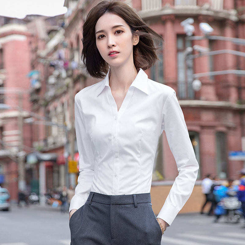 V领白色长袖衬衫女款春秋图片
