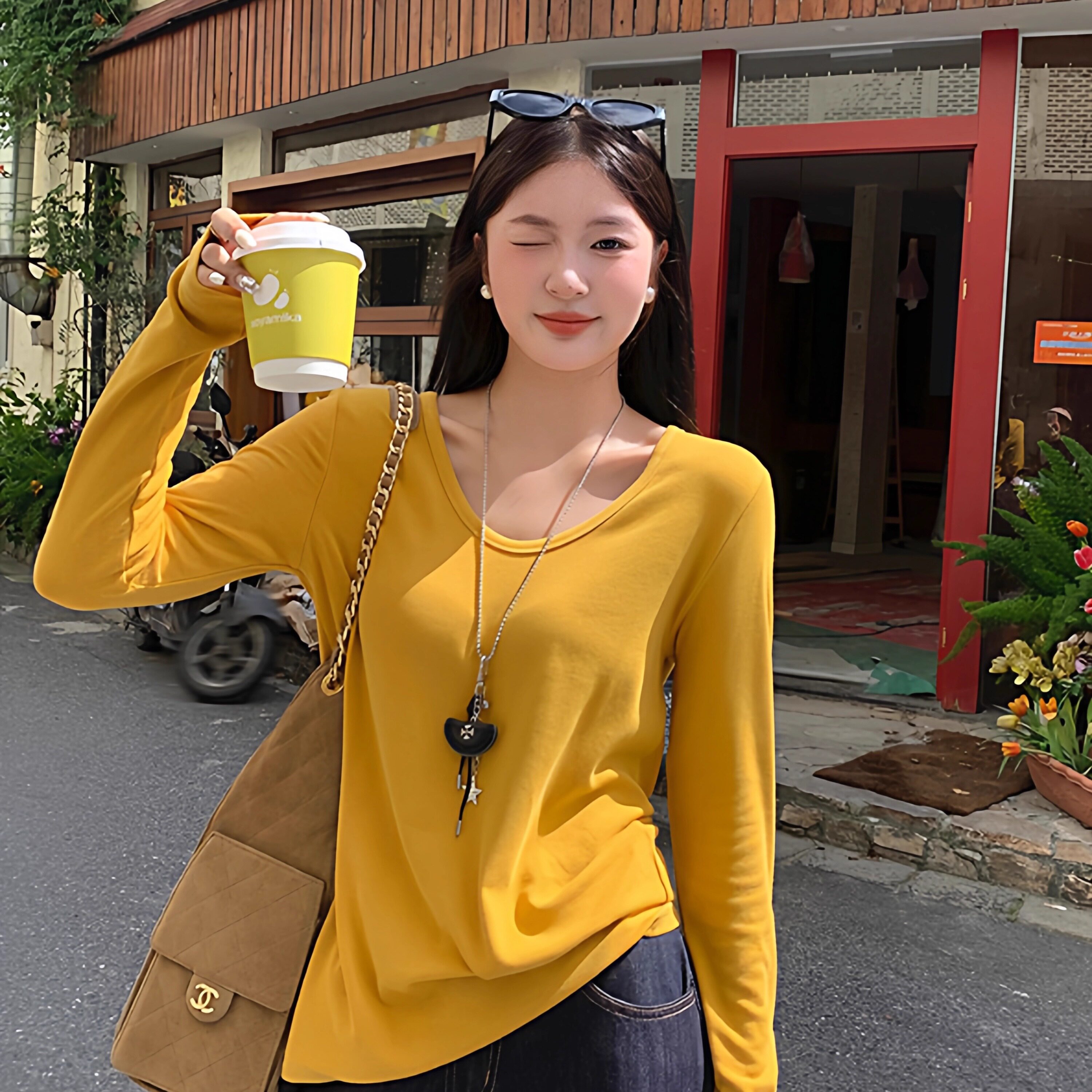 姜黄色V领正肩长袖T恤女2
