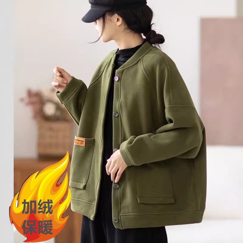 加绒纯棉休闲上衣开衫女