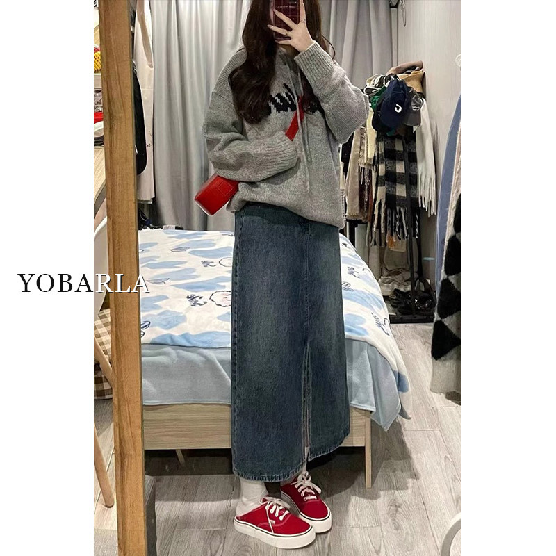 复古开叉牛仔半身裙女春