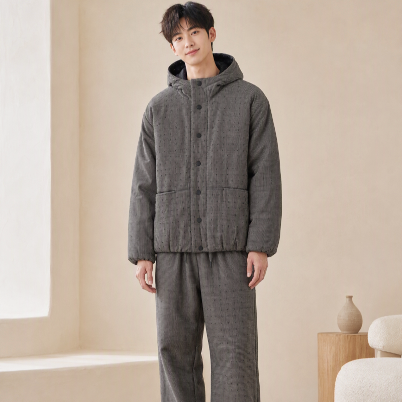 情侣连帽三层夹棉加厚睡衣套装