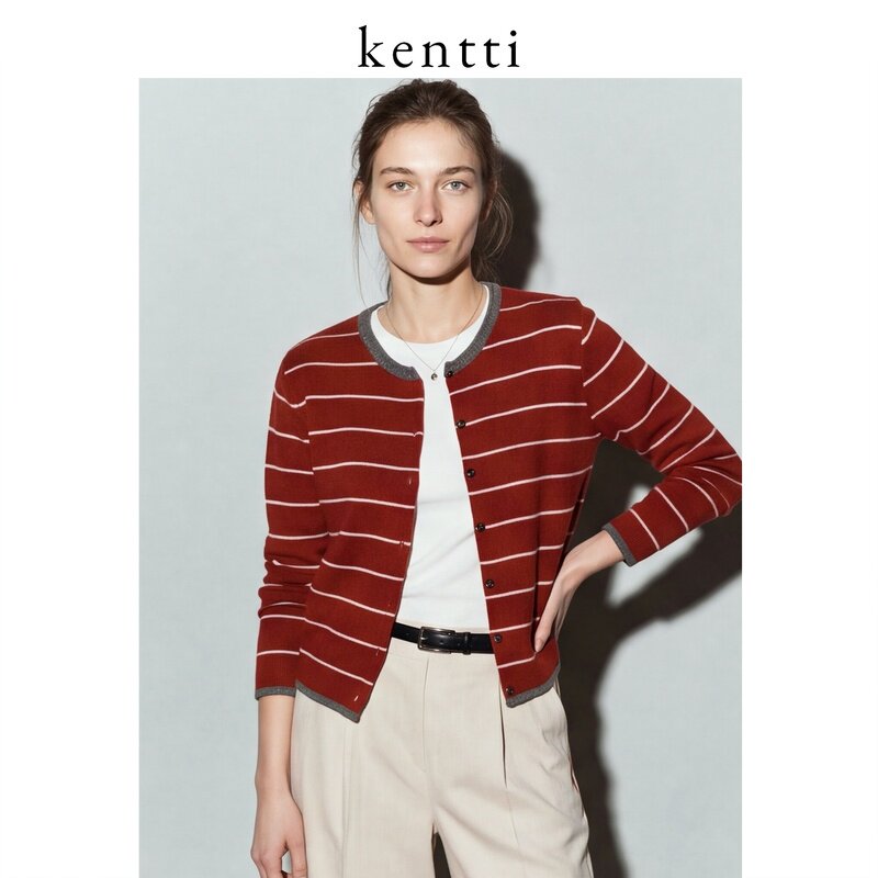 【自营】Kentti红色长袖针织衫女秋季轻奢100%纯羊毛条纹开衫外套