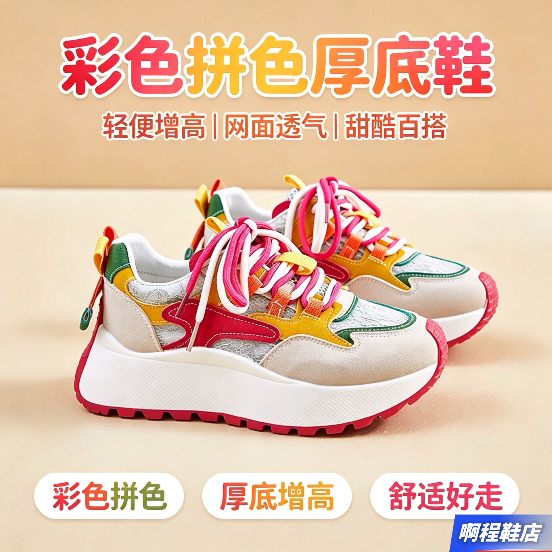 彩色拼色厚底阿甘鞋女