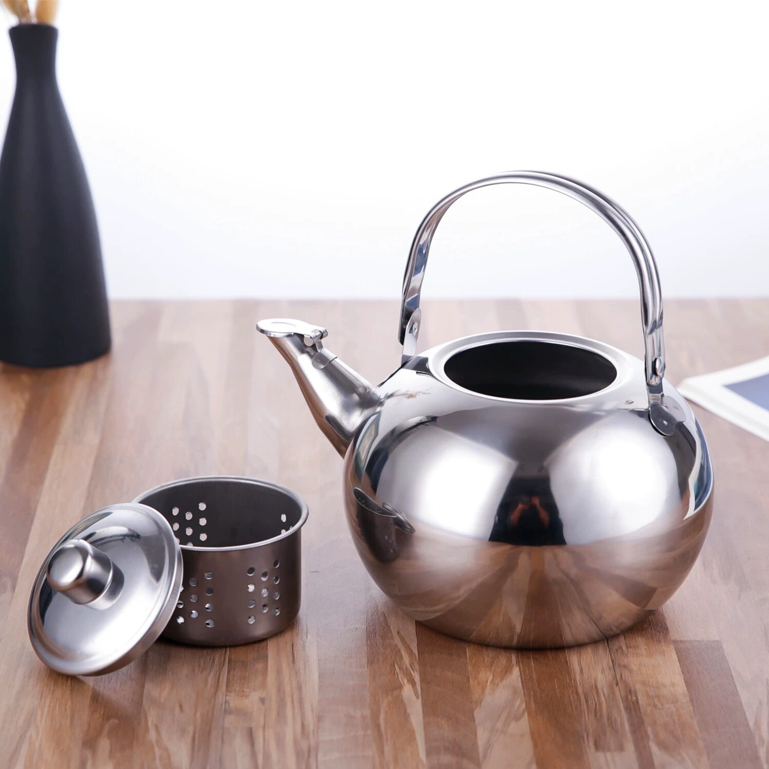 跨境不锈钢茶壶玲珑壶饭店泡茶壶餐厅酒店大容量水壶商用小茶水壶