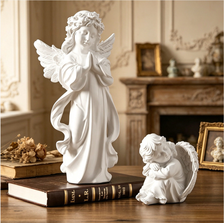 欧式复古天使摆件美式树脂雕像白色小天使女孩桌面装饰品道具礼物